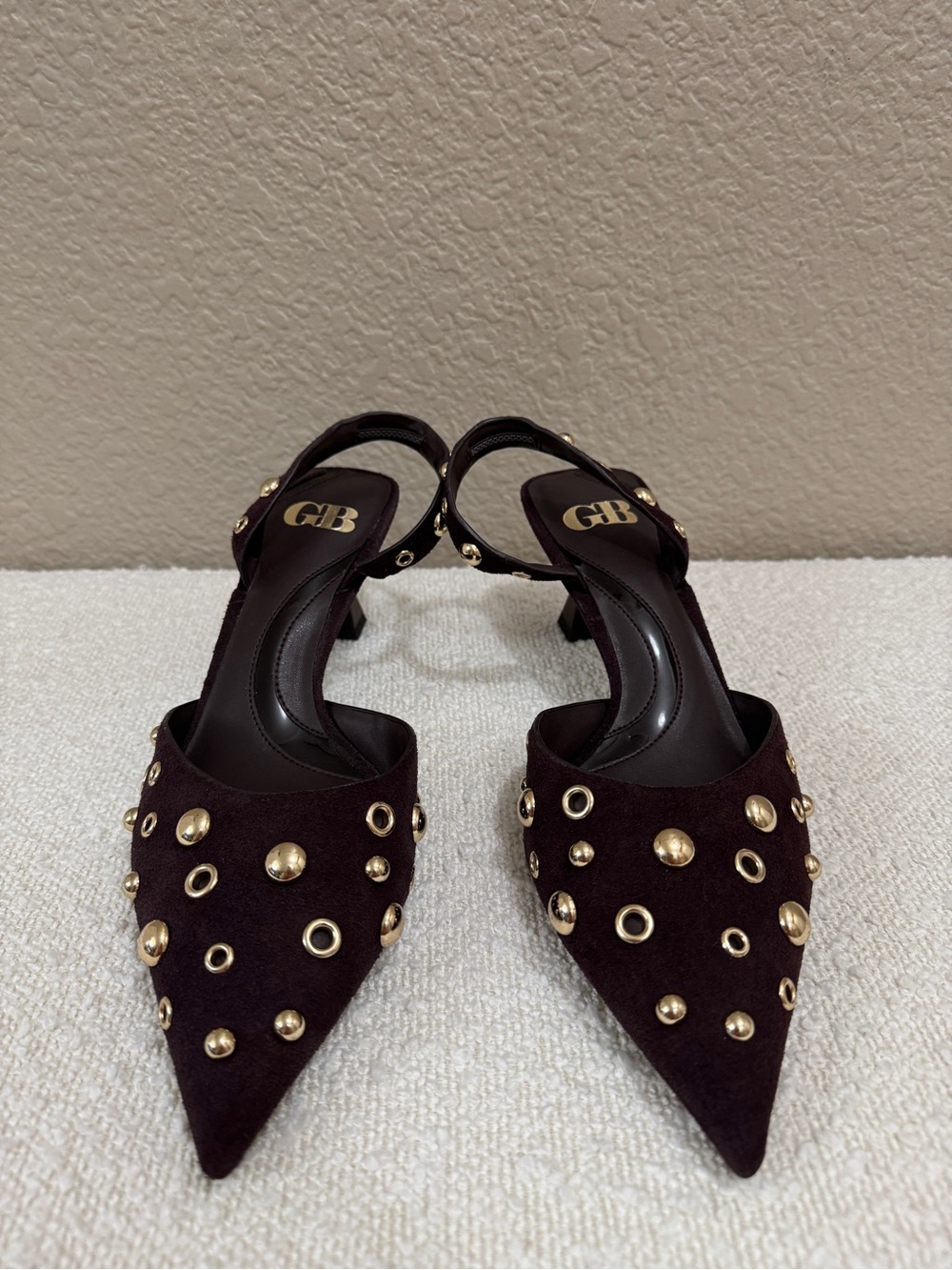 GB Office-Siren Suede Studded Grommet Slingback Kitten Heels Brown Size 8